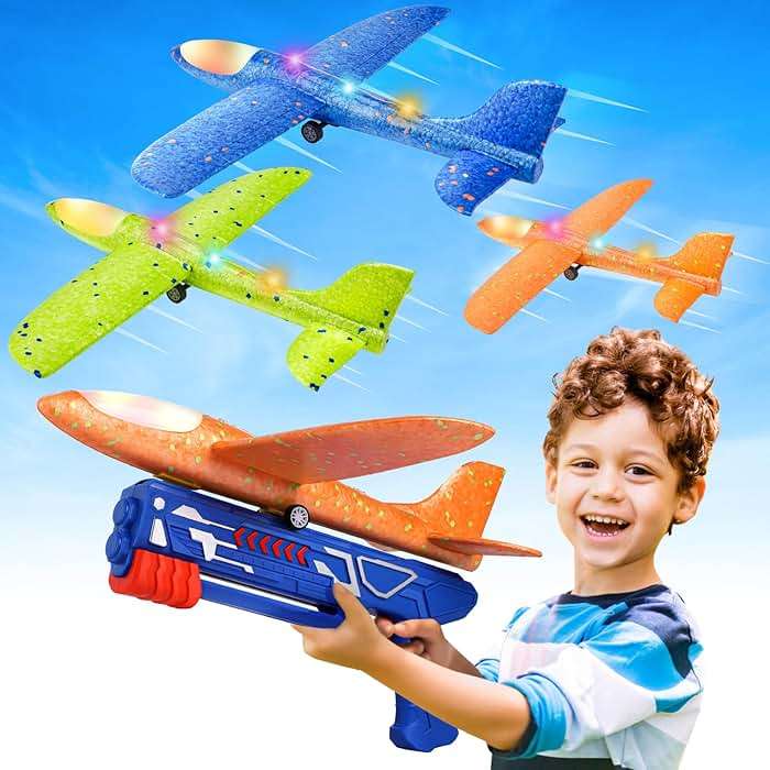 Fuwidvia 3 Pack Airplane Launcher Toys, 13.2'' LED Foam Glider Plane Toy for Boys, 2 Flight Modes Outdoor Flying Toys Birthday Gifts for Boys Girls 4 5 6 7 8 9 10 11 12 Year Old (Blue&Green&Orange) - Image 1
