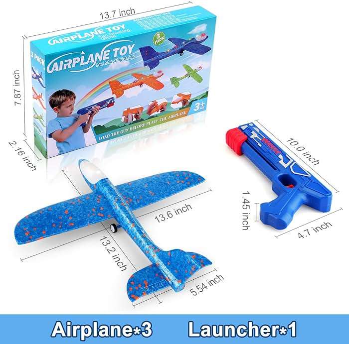 Fuwidvia 3 Pack Airplane Launcher Toys, 13.2'' LED Foam Glider Plane Toy for Boys, 2 Flight Modes Outdoor Flying Toys Birthday Gifts for Boys Girls 4 5 6 7 8 9 10 11 12 Year Old (Blue&Green&Orange) - Image 2