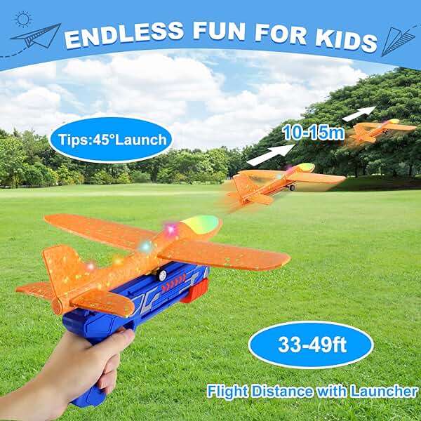 Fuwidvia 3 Pack Airplane Launcher Toys, 13.2'' LED Foam Glider Plane Toy for Boys, 2 Flight Modes Outdoor Flying Toys Birthday Gifts for Boys Girls 4 5 6 7 8 9 10 11 12 Year Old (Blue&Green&Orange) - Image 3