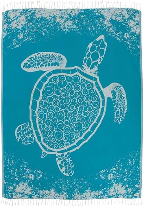 Sand Cloud Extra Large Turkish Beach Towel - 100% Organic Cotton Yarn Quick Dry for Beach, Picnic, Blanket or Bath As Seen on Shark Tank Marine Life (Crush Turtle Teal) - Product Image