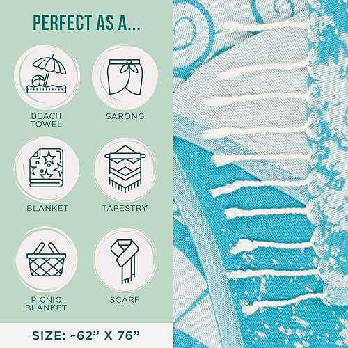 Sand Cloud Extra Large Turkish Beach Towel - 100% Organic Cotton Yarn Quick Dry for Beach, Picnic, Blanket or Bath As Seen on Shark Tank Marine Life (Crush Turtle Teal) - Image 3