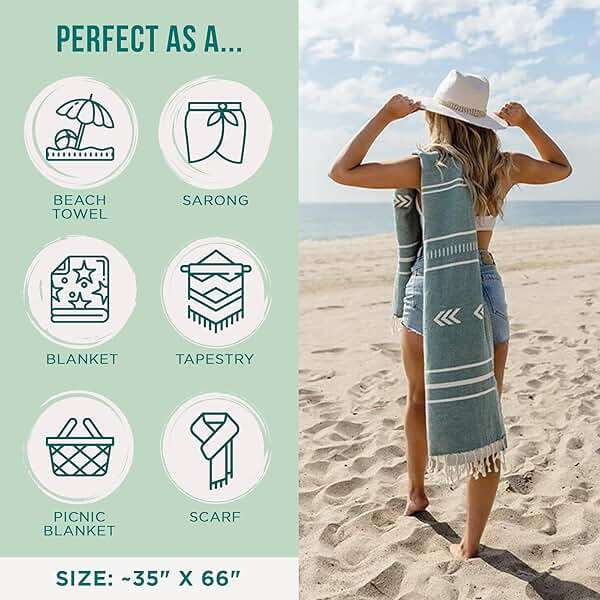 Sand Cloud Turkish Beach Towel - Sand Resistant - 100% Organic Turkish Cotton Yarn - Quick Dry Towel for Beach, Picnic Blanket or Throw - As Seen on Shark Tank - Santa Fe (Green) - Image 3