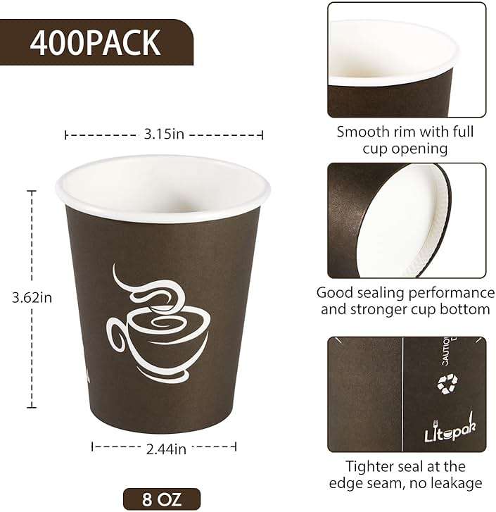 LITOPAK 400 Pack 8 oz Paper Cups, Brown Disposable Hot Coffee Cups for Party, Picnic, Travel, and Events - Image 3