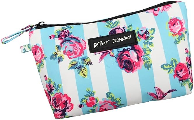 Betsey Johnson 8.5 Inch Zipper Cosmetic Pouch Small Toiletry Bag Lightweight Durable Polyester Organizer with Inner Zipped Pocket Good For Makeup Accessories and Travel Needs (Hummingbird Floral) - Product Image