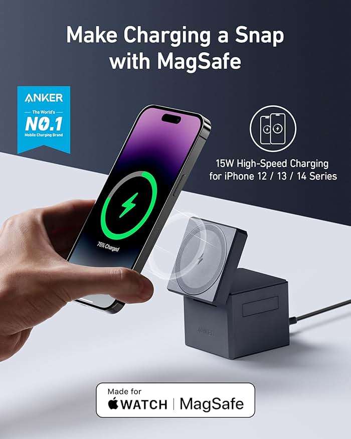 Anker 3-in-1 Cube Wireless Charger, MagSafe Charging Stand, 15W Foldable Fast Charging Station for iPhone 17/16/15, Apple Watch 1-8/Ultra, AirPods (Adapter Included, Non-Battery) - Image 2
