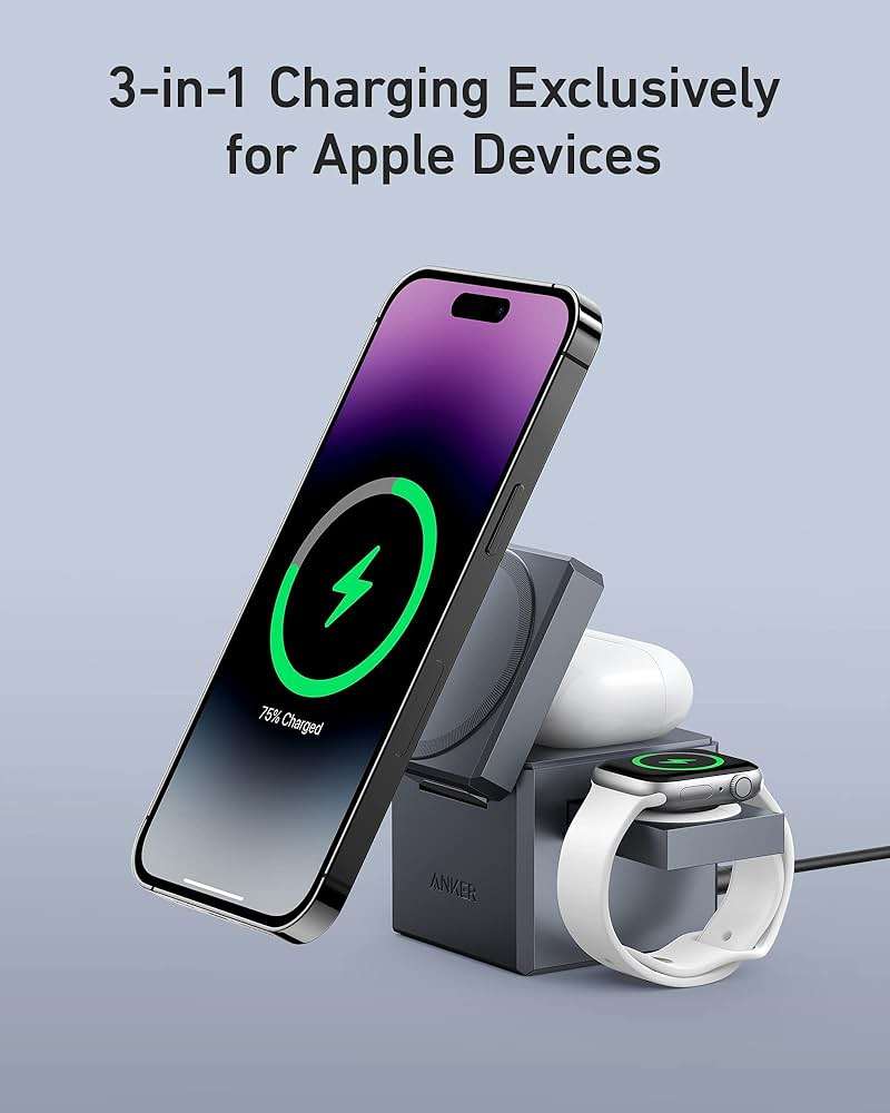 Anker 3-in-1 Cube Wireless Charger, MagSafe Charging Stand, 15W Foldable Fast Charging Station for iPhone 17/16/15, Apple Watch 1-8/Ultra, AirPods (Adapter Included, Non-Battery) - Image 3