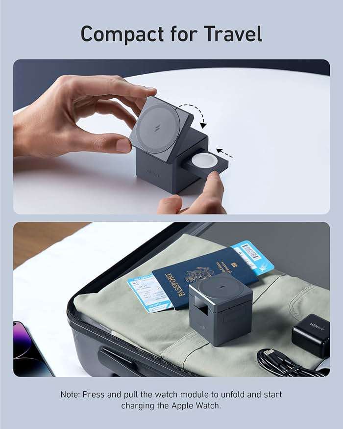 Anker 3-in-1 Cube Wireless Charger, MagSafe Charging Stand, 15W Foldable Fast Charging Station for iPhone 17/16/15, Apple Watch 1-8/Ultra, AirPods (Adapter Included, Non-Battery) - Image 4