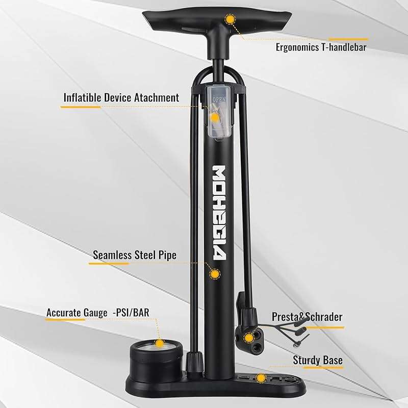 MOHEGIA Bike Floor Pump with Gauge: Air Bicycle Pump with High Pressure 160 PSI,Fits Schrader and Presta Valve -Inflator with Ball Pump Needles for MTB Road Bike, Ball, Balloon, Inflatables - Image 6