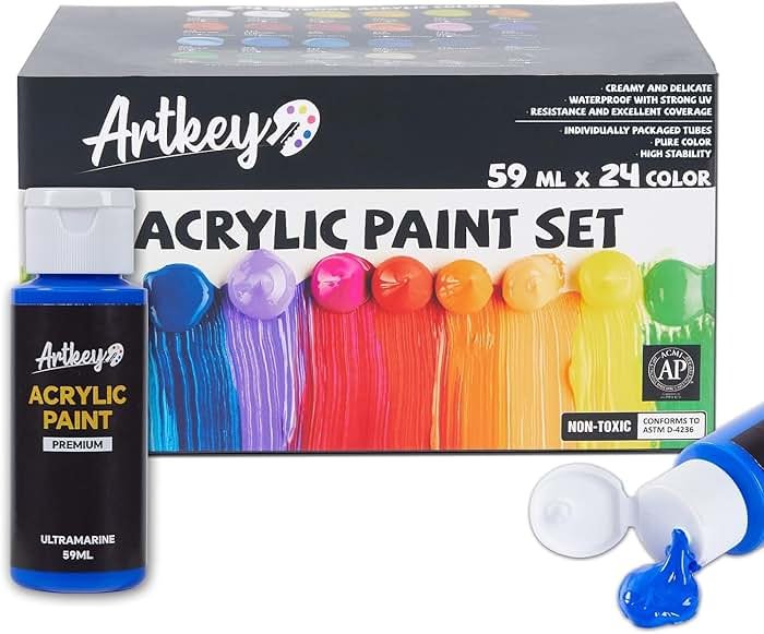 Artkey Acrylic Paint Set, 24 Colors 2 oz/59 ml Acrylic Paint Kit for Professional Artists & Beginners – Craft & Art Supplies for Canvas, Wood, Fabric, Rock, Leather, Ceramic, Glass, Easter Egg - Product Image