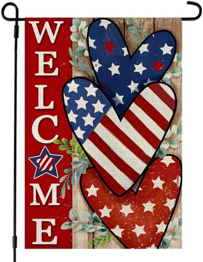 CROWNED BEAUTY 4th of July Patriotic Welcome Garden Flag 12x18 Inch Double Sided USA Flag Hearts Blue Red Memorial Day Independence Day Outside Yard Party Decoration - Image 1