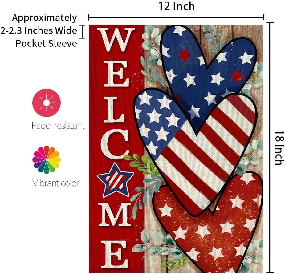 CROWNED BEAUTY 4th of July Patriotic Welcome Garden Flag 12x18 Inch Double Sided USA Flag Hearts Blue Red Memorial Day Independence Day Outside Yard Party Decoration - Image 3