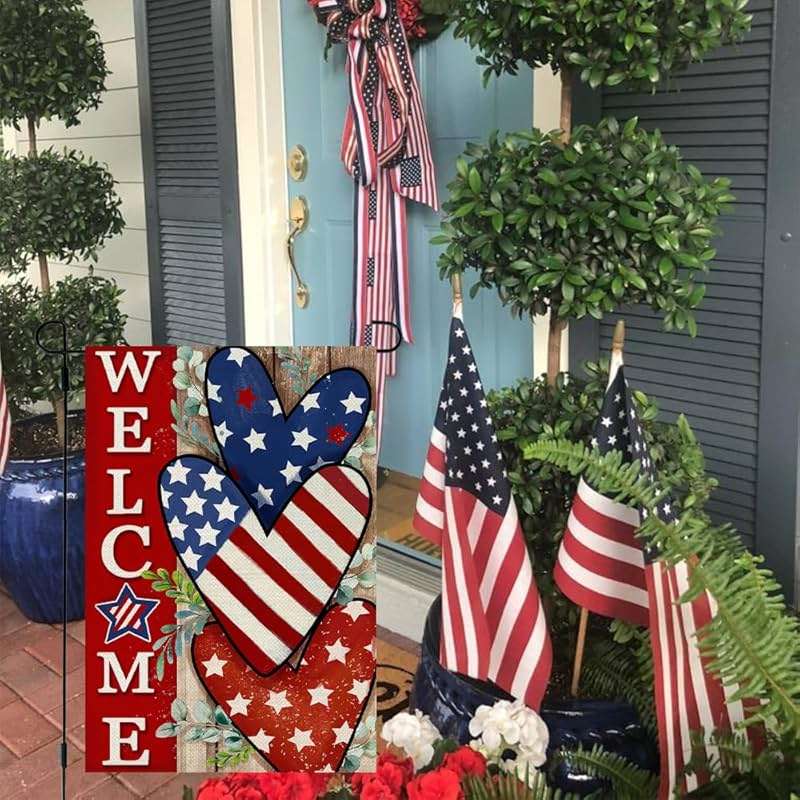 CROWNED BEAUTY 4th of July Patriotic Welcome Garden Flag 12x18 Inch Double Sided USA Flag Hearts Blue Red Memorial Day Independence Day Outside Yard Party Decoration - Image 4