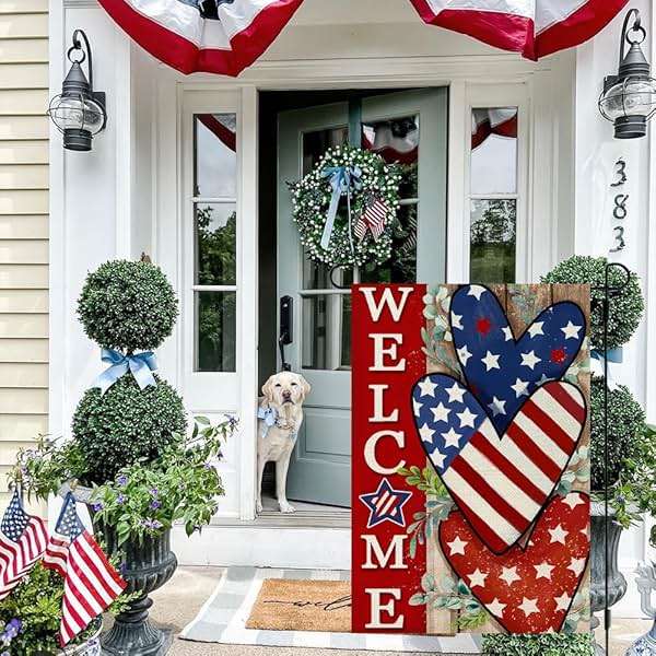 CROWNED BEAUTY 4th of July Patriotic Welcome Garden Flag 12x18 Inch Double Sided USA Flag Hearts Blue Red Memorial Day Independence Day Outside Yard Party Decoration - Image 5