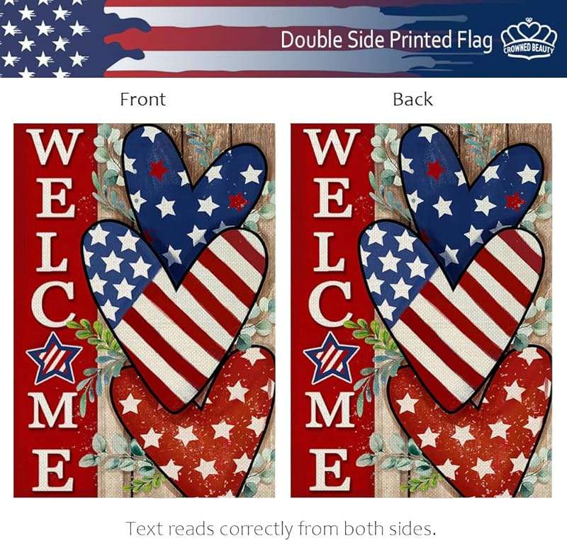 CROWNED BEAUTY 4th of July Patriotic Welcome Garden Flag 12x18 Inch Double Sided USA Flag Hearts Blue Red Memorial Day Independence Day Outside Yard Party Decoration - Image 6