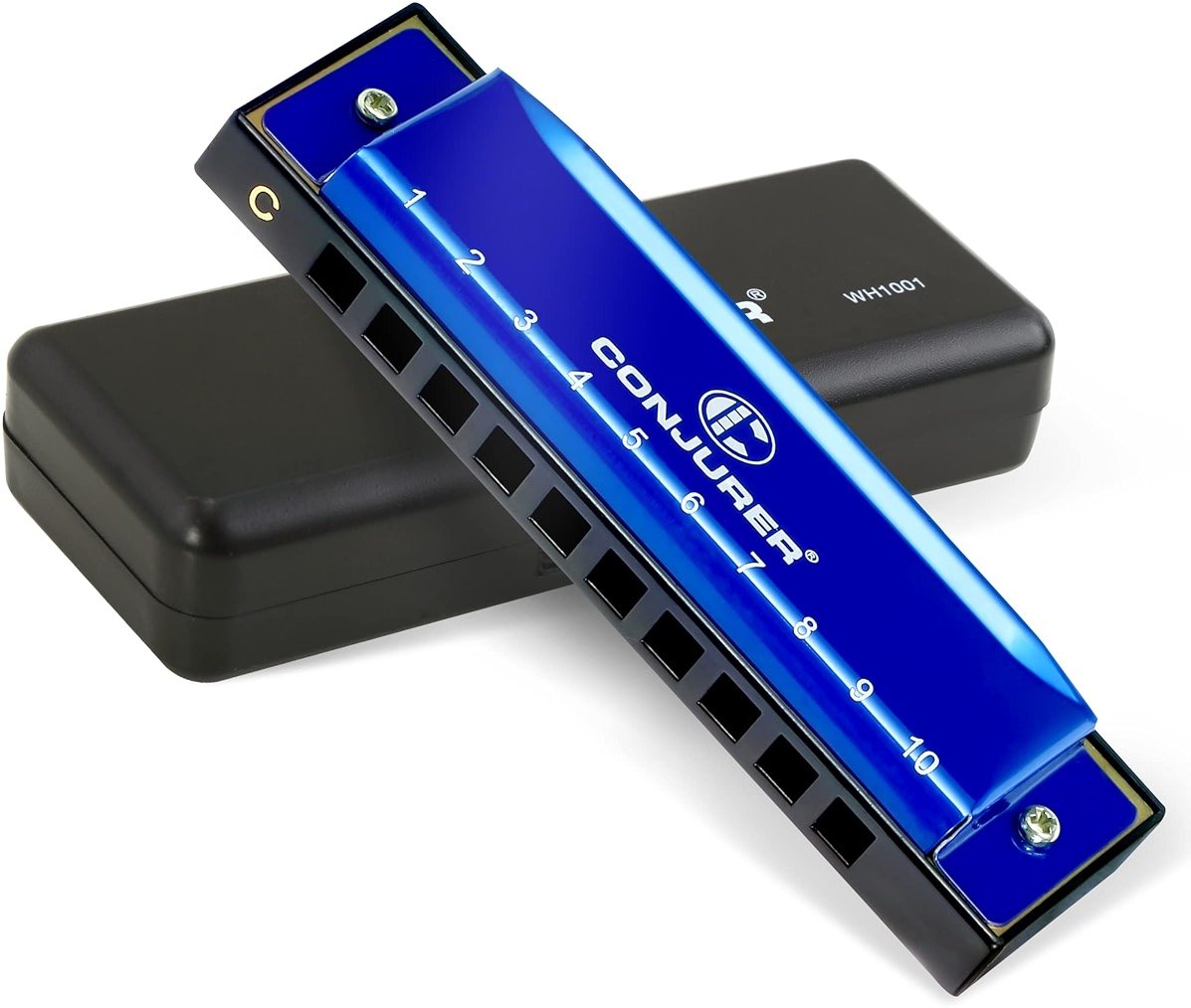 CONJURER Blues Harmonica for Adult Beginners Students 10 Hole Diatonic Harmonica Key of C, Brass Reed Metal Mouth Organ C Key with Case, Blue - Product Image
