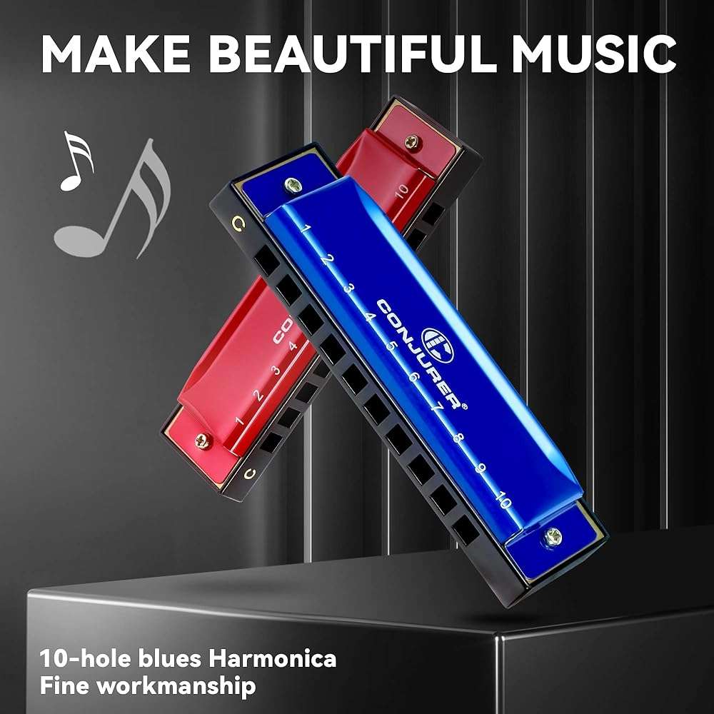 CONJURER Blues Harmonica for Adult Beginners Students 10 Hole Diatonic Harmonica Key of C, Brass Reed Metal Mouth Organ C Key with Case, Blue - Image 2