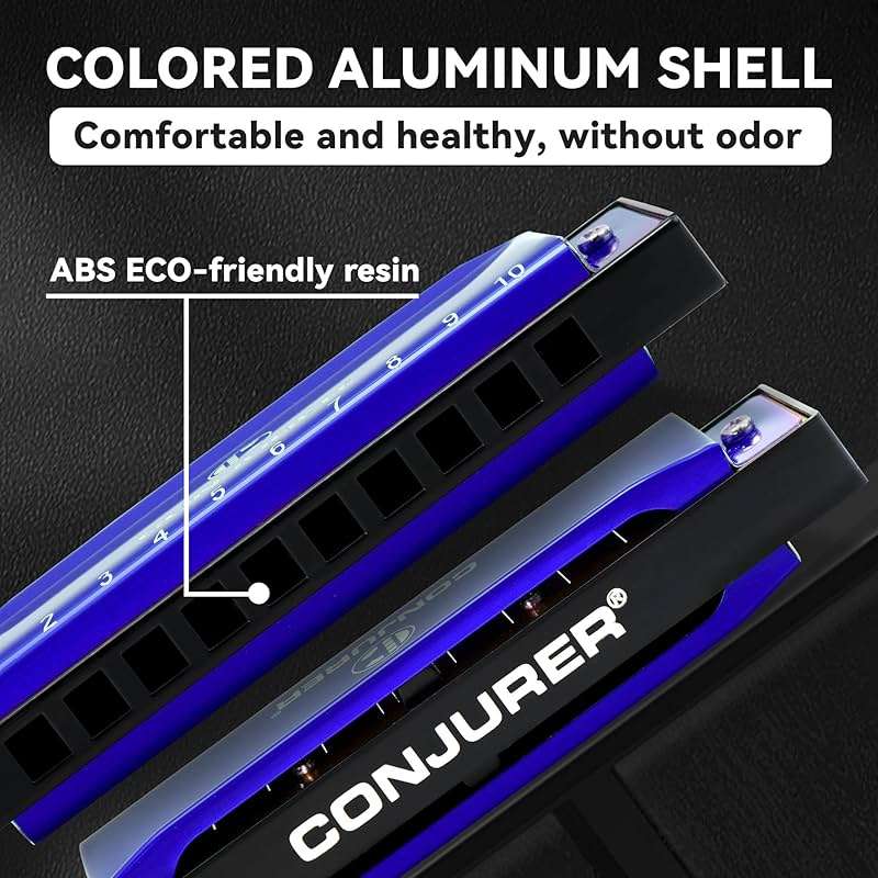 CONJURER Blues Harmonica for Adult Beginners Students 10 Hole Diatonic Harmonica Key of C, Brass Reed Metal Mouth Organ C Key with Case, Blue - Image 3