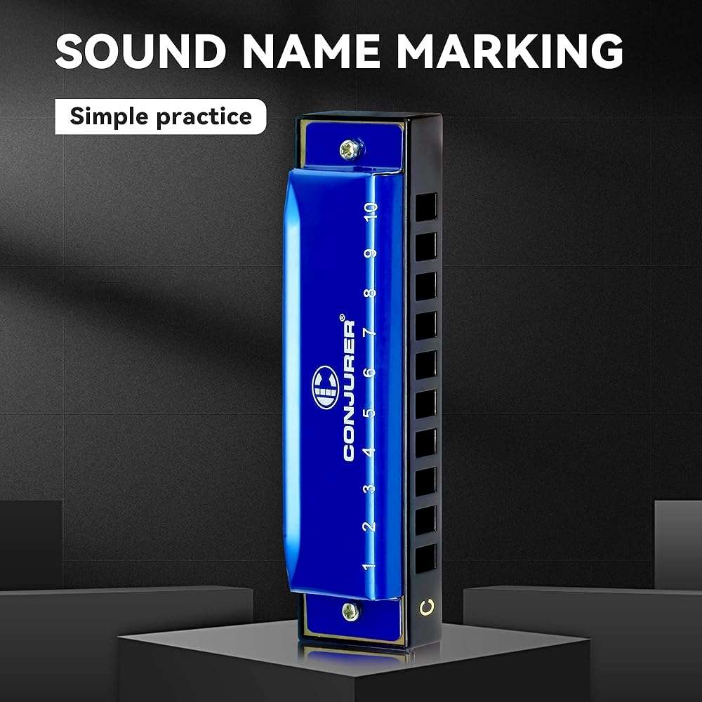 CONJURER Blues Harmonica for Adult Beginners Students 10 Hole Diatonic Harmonica Key of C, Brass Reed Metal Mouth Organ C Key with Case, Blue - Image 4