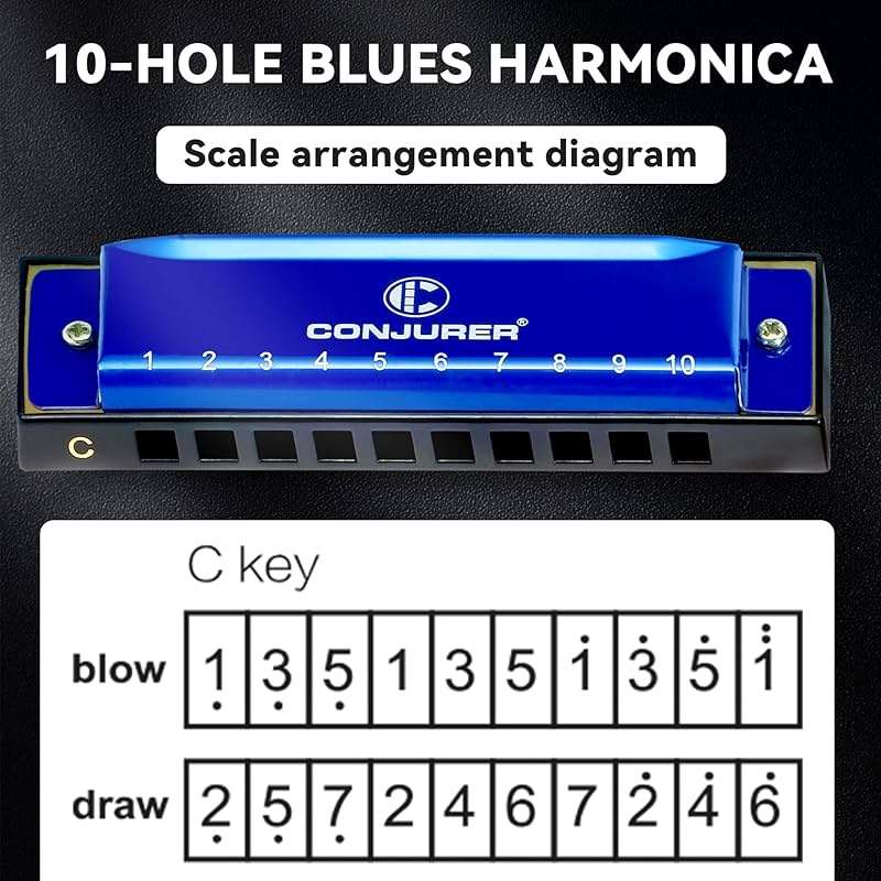 CONJURER Blues Harmonica for Adult Beginners Students 10 Hole Diatonic Harmonica Key of C, Brass Reed Metal Mouth Organ C Key with Case, Blue - Image 6