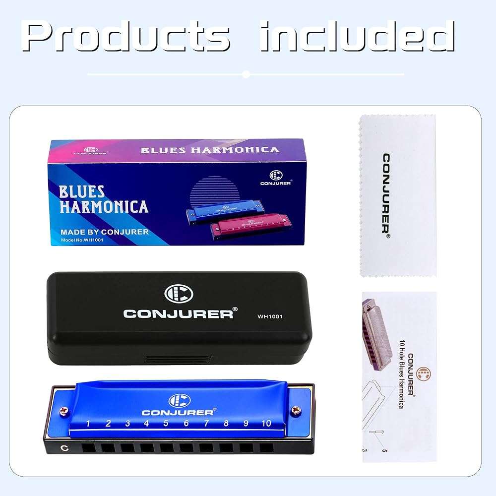 CONJURER Blues Harmonica for Adult Beginners Students 10 Hole Diatonic Harmonica Key of C, Brass Reed Metal Mouth Organ C Key with Case, Blue - Image 7