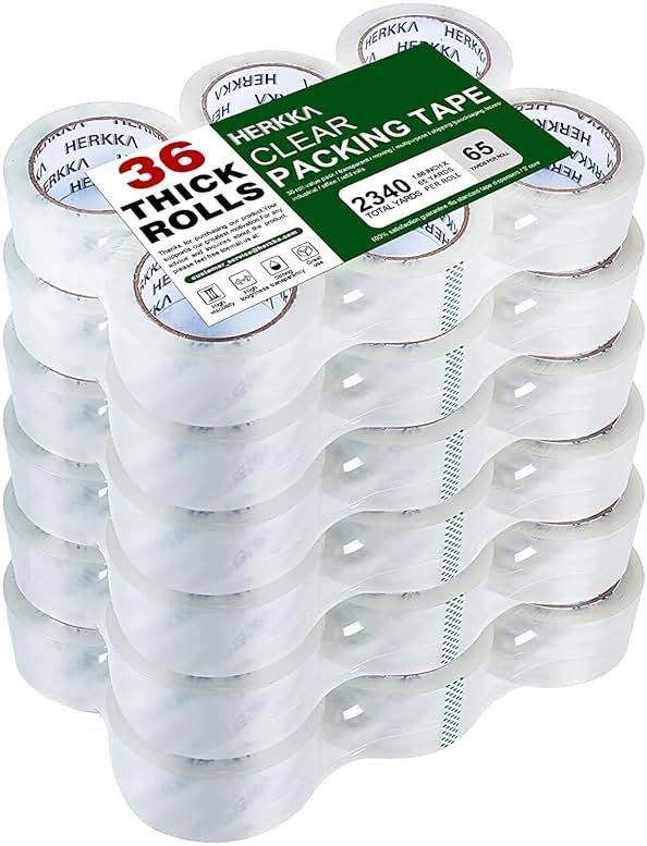 HERKKA Clear Packing Tape, 36 Rolls Heavy Duty Packaging Tape for Shipping Packaging Moving Sealing, Thicker Clear Packing Tape, 1.88 inches Wide, 65 Yards Per Roll, 2340 Total Yards - Product Image