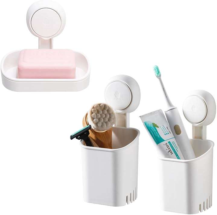 TAILI Bathroom Accessories Set 3 - Soap Holder for Shower & Toothbrush Holder Wall Mounted - Drill-Free with Vacuum Suction Cup for Kitchen & Bathroom, Keep Dry & Easy to Clean - Image 1