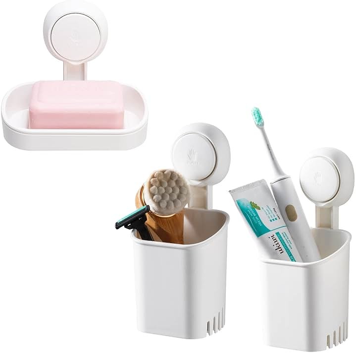 TAILI Bathroom Accessories Set 3 - Soap Holder for Shower & Toothbrush Holder Wall Mounted - Drill-Free with Vacuum Suction Cup for Kitchen & Bathroom, Keep Dry & Easy to Clean - Product Image
