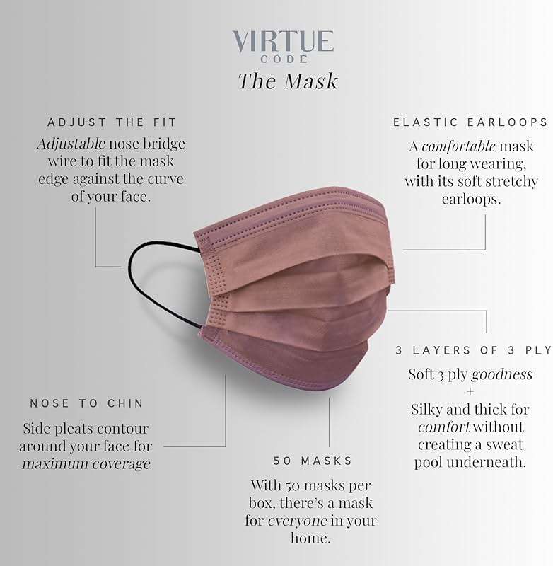VIRTUE CODE Support Face Masks - Soft 3 Ply Comfort Face Masks, Colorful Disposable Face Mask 50 Pack. Earth Tones Colored Masks. Adults Mens and Womens Disposable Face Masks - Image 2