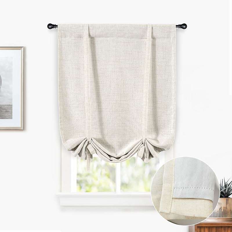 DriftAway Double Layer Linen Blackout Tie Up Curtains Thermal Insulated Fully Lined Balloon Roman Shade Bathroom Window Adjustable Rod Pocket for Small Window 25 Inch by 47 Inch Light Linen - Image 1