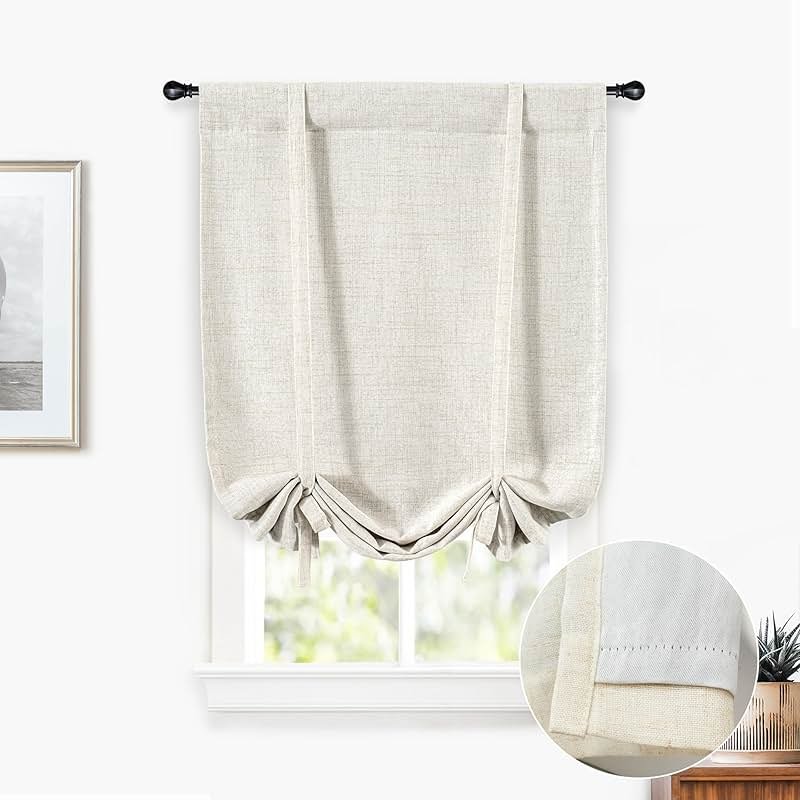 DriftAway Double Layer Linen Blackout Tie Up Curtains Thermal Insulated Fully Lined Balloon Roman Shade Bathroom Window Adjustable Rod Pocket for Small Window 25 Inch by 47 Inch Light Linen - Product Image