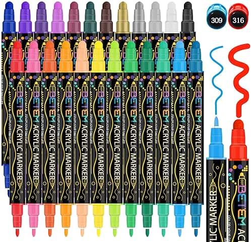 Betem 24 Colors Dual Tip Acrylic Paint Markers, Fabric Decorating Kits Premium Water-Based Acrylic Paint Pens Art Supplies for Fabric, Rock, Wood, Glass, Canvas, Ceramic, Teacher Appreciation Gift - Product Image
