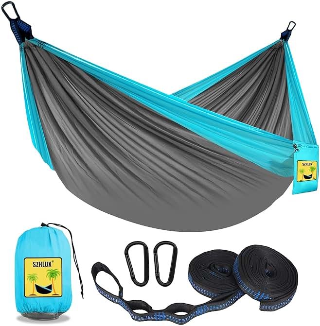 SZHLUX Camping Hammock Double & Single Portable Hammocks with 2 Tree Straps and Attached Carry Bag,Great for Outdoor,Indoor,Beach,Camping,Light Grey / Sky Blue - Product Image