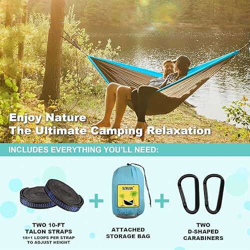 SZHLUX Camping Hammock Double & Single Portable Hammocks with 2 Tree Straps and Attached Carry Bag,Great for Outdoor,Indoor,Beach,Camping,Light Grey / Sky Blue - Image 3