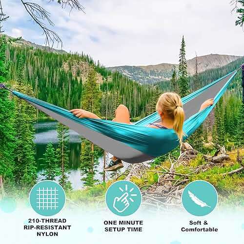 SZHLUX Camping Hammock Double & Single Portable Hammocks with 2 Tree Straps and Attached Carry Bag,Great for Outdoor,Indoor,Beach,Camping,Light Grey / Sky Blue - Image 4