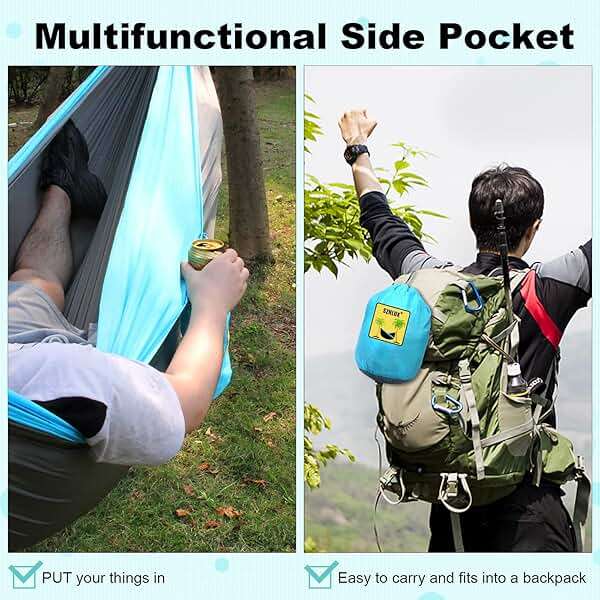 SZHLUX Camping Hammock Double & Single Portable Hammocks with 2 Tree Straps and Attached Carry Bag,Great for Outdoor,Indoor,Beach,Camping,Light Grey / Sky Blue - Image 6