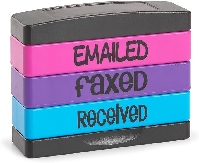Stakz Pre-Inked Message Stamp – Emailed, Faxed, Received - Pink, Purple, Blue Ink – Impression Size: 5/8” x 1-13/16” - Product Image