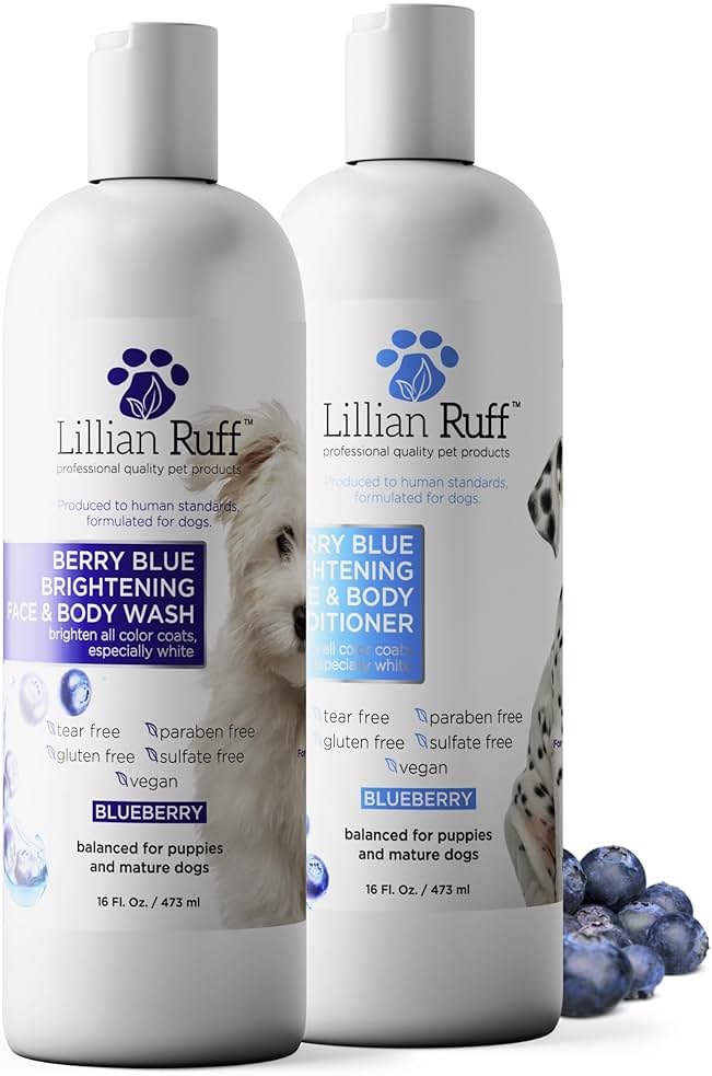 Lillian Ruff PRO Formula Berry Blue Brightening Dog Shampoo & Conditioner Set - Professional Show-Quality Whitening, Stain & Odor Eliminator, Hydrating Relief for Dry Skin, ProVitamin B5, USA Made - Product Image