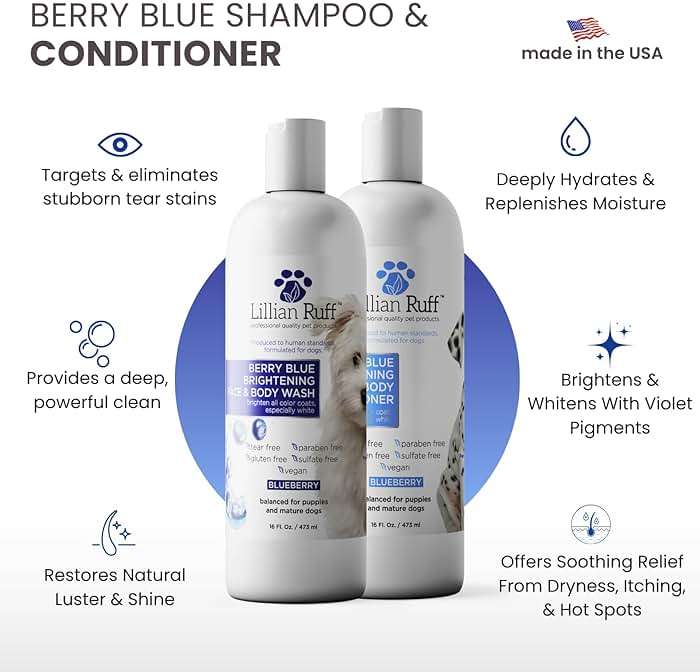 Lillian Ruff PRO Formula Berry Blue Brightening Dog Shampoo & Conditioner Set - Professional Show-Quality Whitening, Stain & Odor Eliminator, Hydrating Relief for Dry Skin, ProVitamin B5, USA Made - Image 2