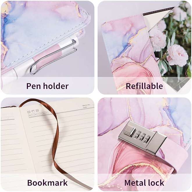 LMTNNB Marble Diary with Lock for Girls and Women, A5 Leather Locked Journal for Teen Girls, Secret Cute Password Lock Notebooks with Pen Holder for Travel Diary Office Notepad - Image 4