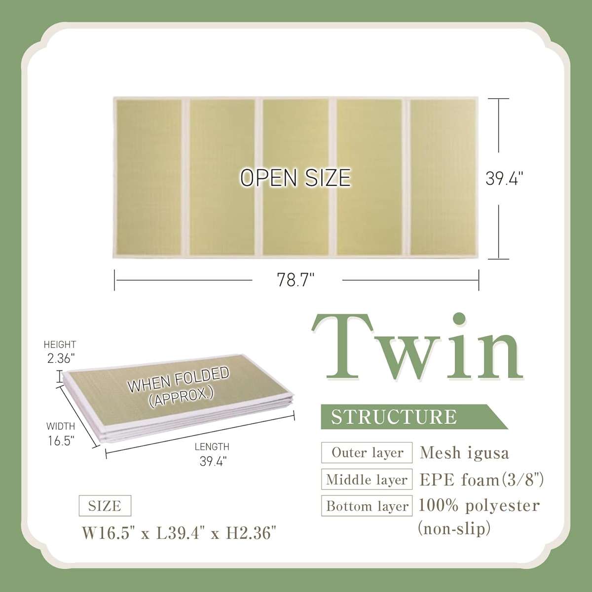 Tatami Mat – Foldable Japanese Tatami Mat Igusa Mattress, Rush Grass Floor Sleeping Futon, Meditation Yoga Zen Tatami, Twin XL by BJDesign - Image 2