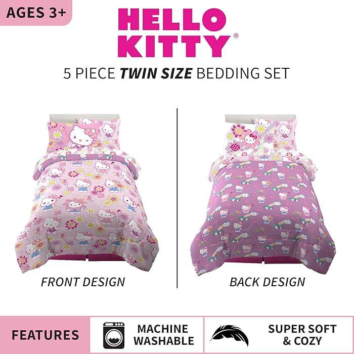 Franco Kids Bedding Super Soft Comforter and Sheet Set with Sham, 5 Piece Twin Size, Hello Kitty - Image 5