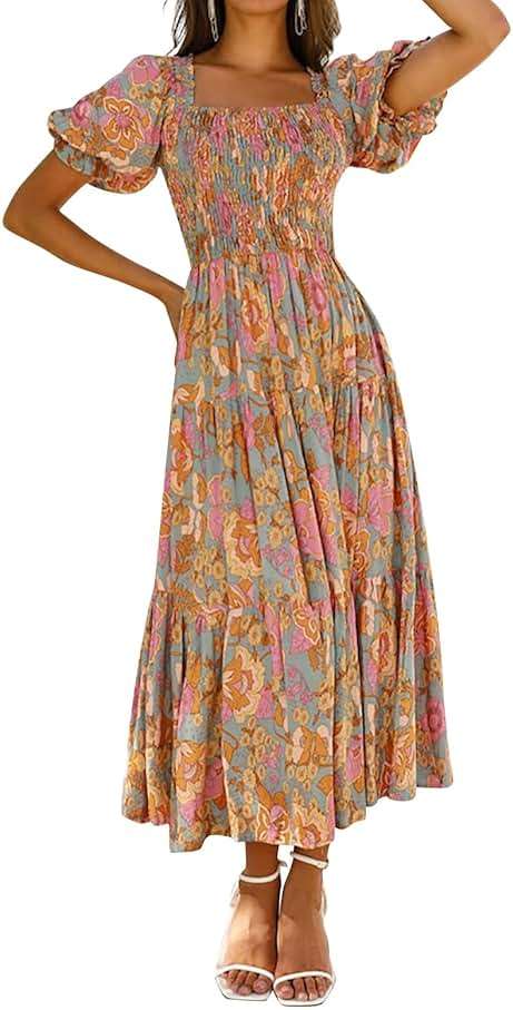 ZESICA Women's 2025 Summer Boho Floral Print Square Neck Ruffle Swing Beach Long Maxi Dress - Image 1