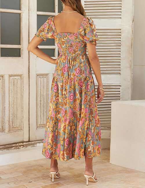 ZESICA Women's 2025 Summer Boho Floral Print Square Neck Ruffle Swing Beach Long Maxi Dress - Image 4
