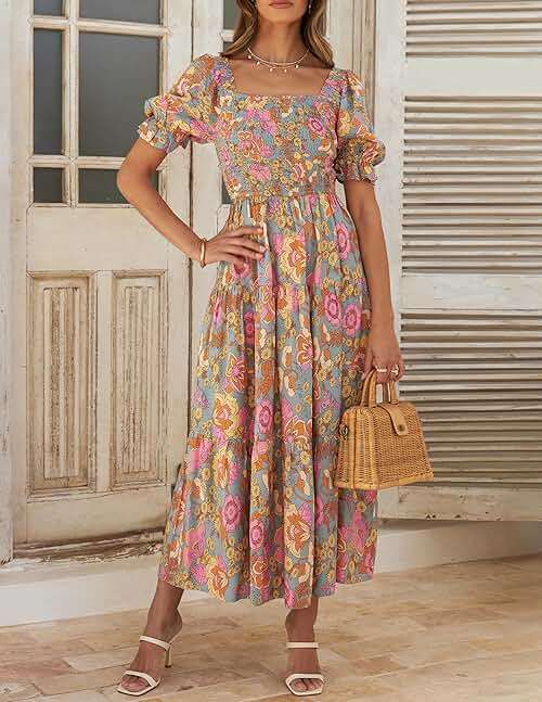 ZESICA Women's 2025 Summer Boho Floral Print Square Neck Ruffle Swing Beach Long Maxi Dress - Image 5