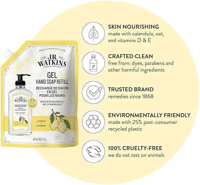 J.R. Watkins Gel Hand Soap Refill, Moisturizing Hand Wash, Alcohol-Free, Cruelty-Free, Lemon, 34 Fl Oz, 3 Pack - Image 2