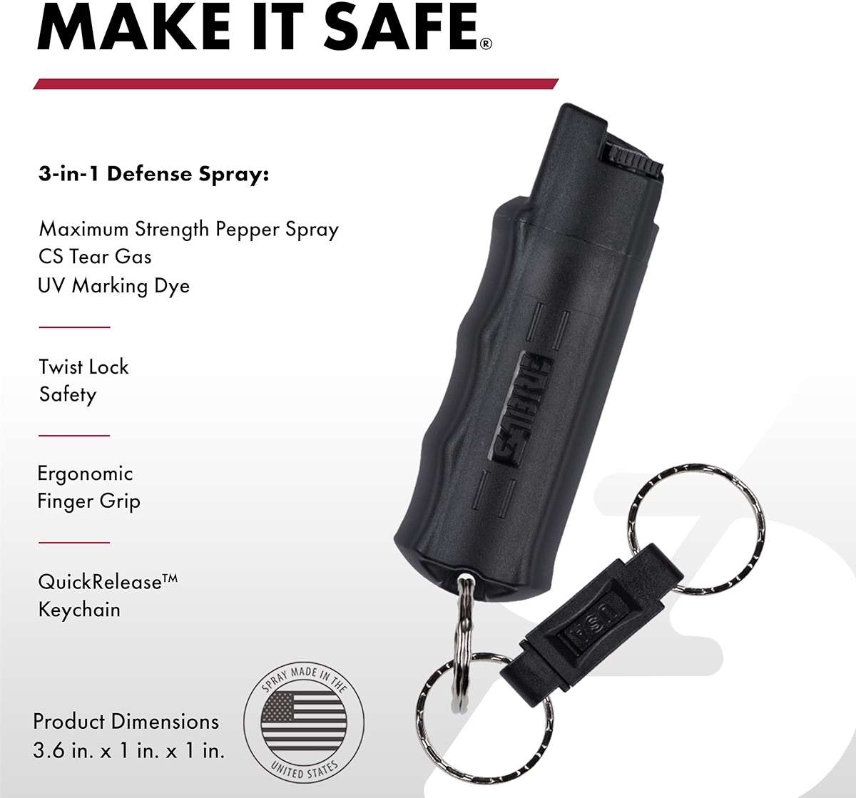 SABRE 3‑in‑1 Defense Pepper Spray with Tear Gas & UV Marking Dye - Twist-Lock Safety, Quick-Release Keychain, Maximum Strength OC for Self Defense, 14-ft Range, 10 Second Spray Time, 0.54 fl oz - Image 2