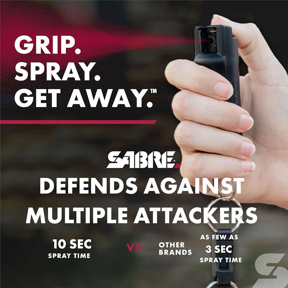 SABRE 3‑in‑1 Defense Pepper Spray with Tear Gas & UV Marking Dye - Twist-Lock Safety, Quick-Release Keychain, Maximum Strength OC for Self Defense, 14-ft Range, 10 Second Spray Time, 0.54 fl oz - Image 3