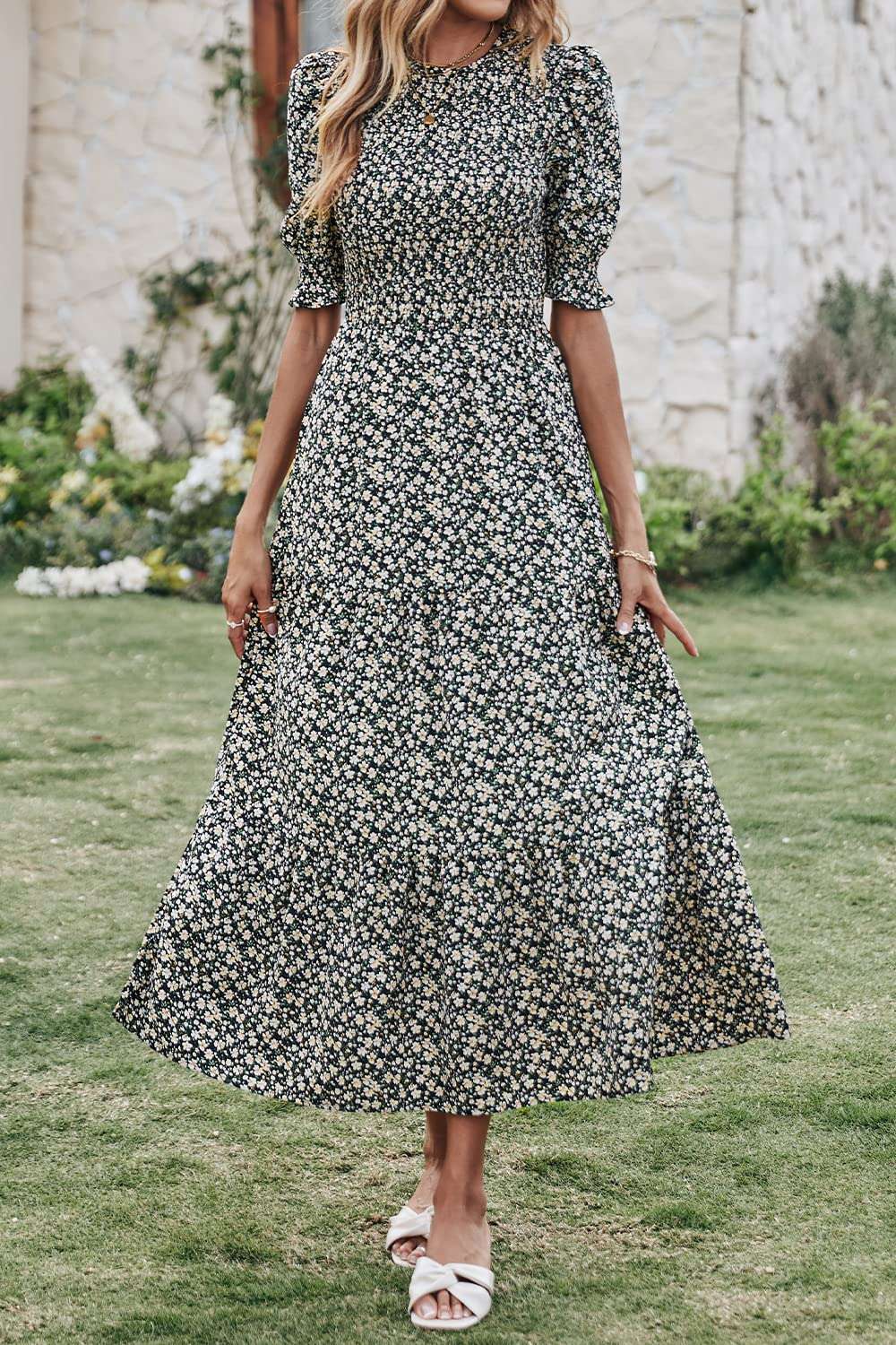 BTFBM Women Casual Summer Dresses 2026 Spring Crew Neck Ruffle Short Sleeve Smocked Floral Boho Flowy Maxi Dress Clothes - Image 2