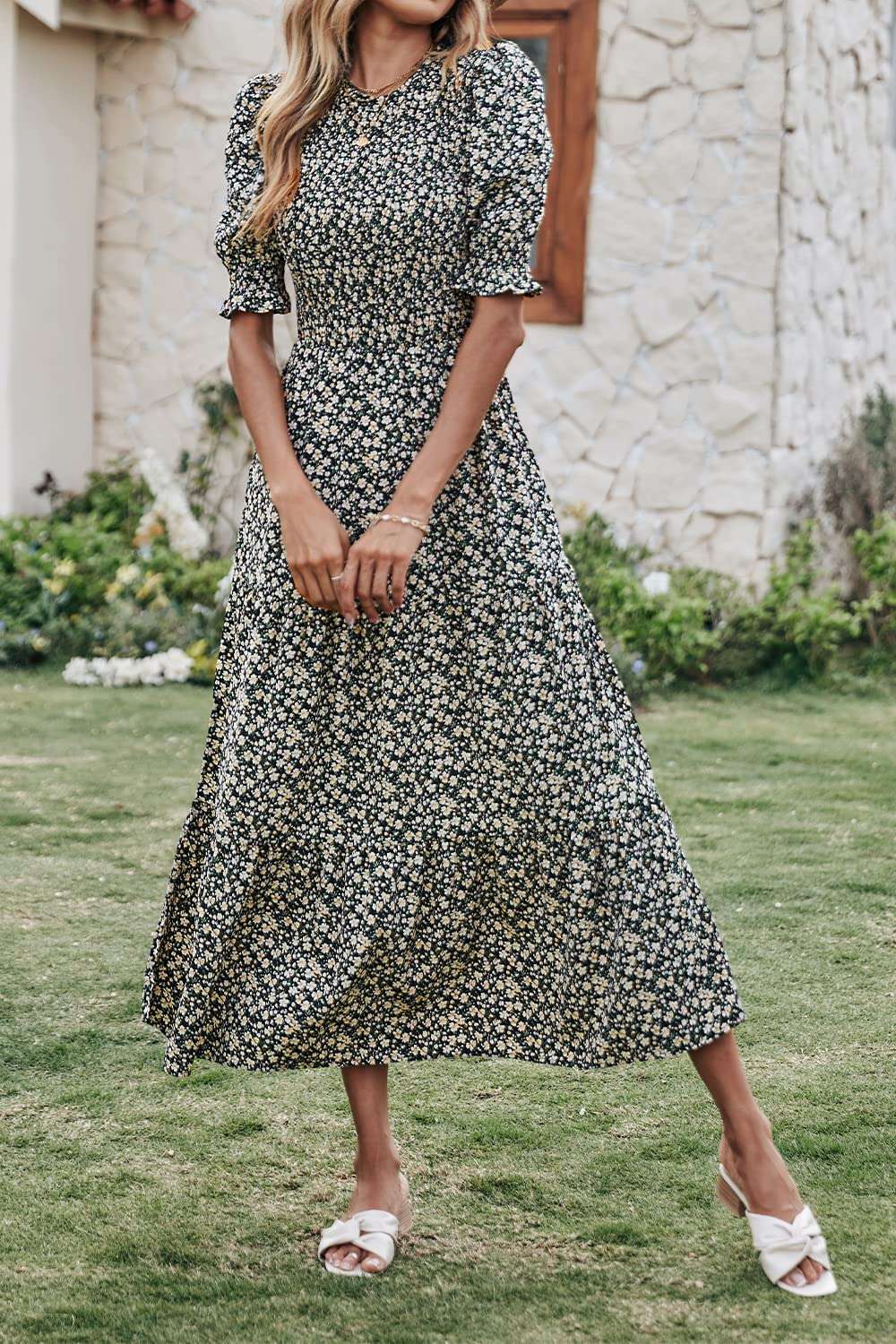 BTFBM Women Casual Summer Dresses 2026 Spring Crew Neck Ruffle Short Sleeve Smocked Floral Boho Flowy Maxi Dress Clothes - Image 3