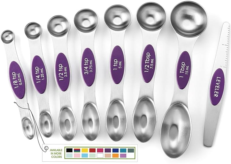 Spring Chef Purple Stainless Steel Magnetic Measuring Spoons Set of 8 with Leveler, Dual Sided Metal Teaspoon & Tablespoon Measuring Spoons, Kitchen Gadgets for Baking & Cooking, Fits in Spice Jars - Product Image